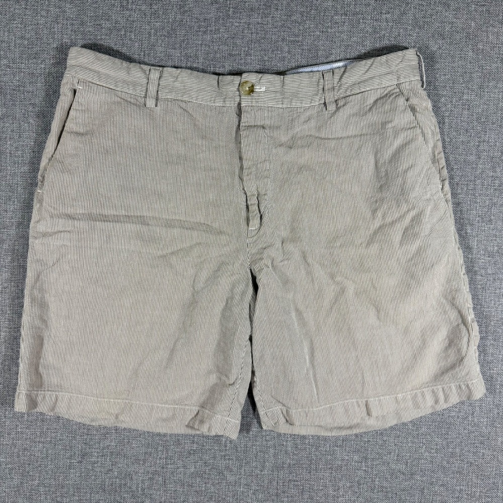 IZOD Seersucker Shorts Mens 38 Tan White Stripe Preppy Coastal Summer Golf Coast